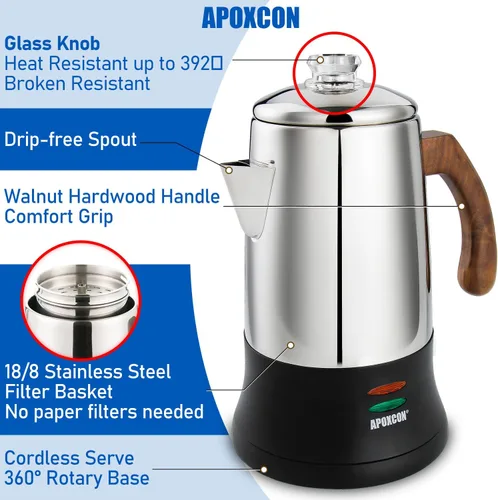 Vista 4 de APOXCON Percolador de Café Eléctrico Cafetera de Acero Inoxidable con Perilla de Vidrio Resistente Transparente para Ver el Progreso