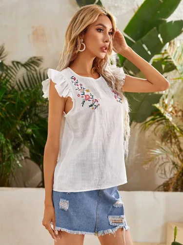 Vista 4 de WDIRARA - Blusa a rayas con volantes, manga casquillo y cuello en V con muesca para mujer
