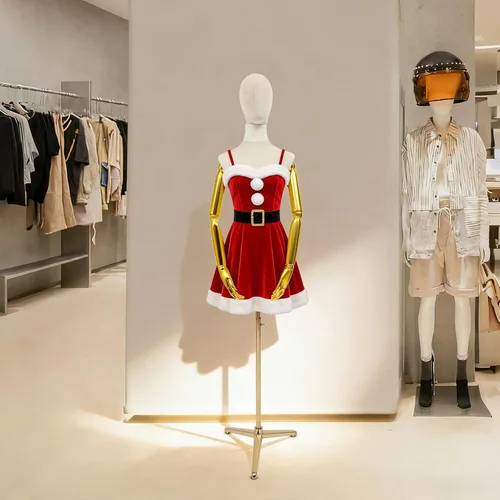 Vista 4 de Adjustable Female Dress Form Mannequin, Apricot Velvet Display Torso with Gold Tripod Stand, Height 63-80 inches, for Clothing Store, Bridal Shop