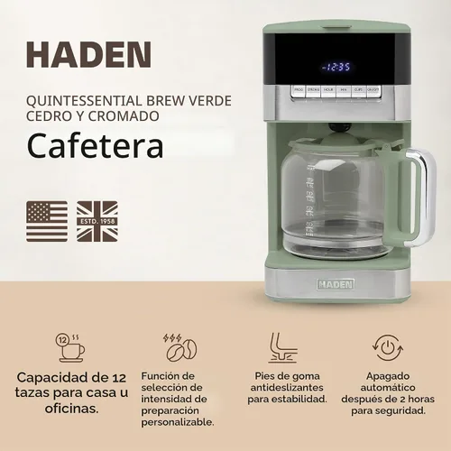Vista 2 de Haden Cafetera programable de 12 tazas con función de apagado automático y filtro de agua lavable reutilizable, verde y cromado Cedro verde