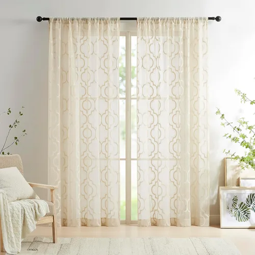 Vista 10 de Purainbow Paneles de Cortinas Transparentes de Encaje Floral para Ventana de 54 Pulgadas de Largo, Cortinas Transparentes de Gasa Geométrica