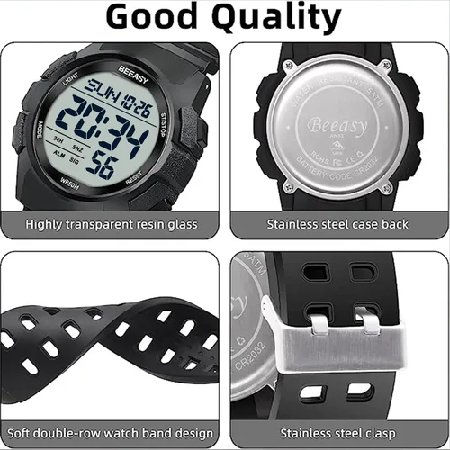 Vista 4 de Beeasy Reloj deportivo digital para hombre, reloj impermeable con cronómetro, temporizador de cuenta regresiva, función de alarma, correa de goma