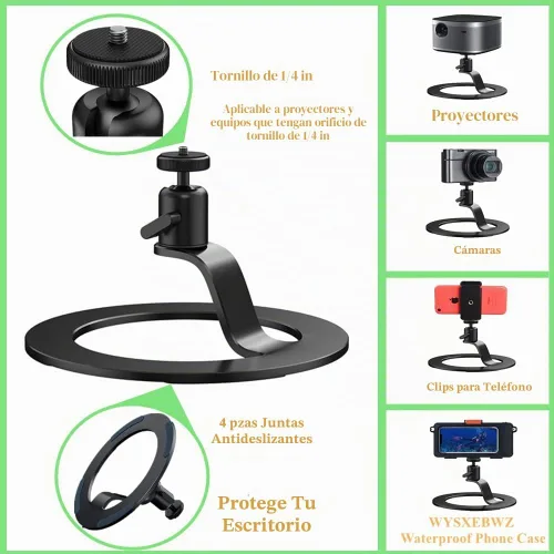 Vista 3 de Soporte de aluminio para proyector, base de montaje para proyector de escritorio, ángulo de cabeza esférica, soporte de mesa ajustable de 360 grados