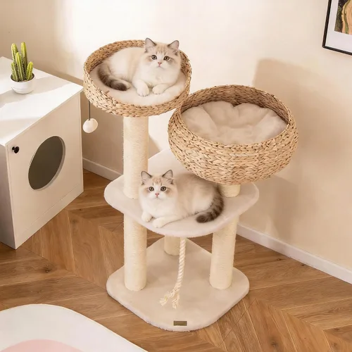Vista 10 de PETSITE Árbol para gatos moderno de 28 pulgadas, poste rascador de sisal de sisal de torre para gatos, hecho a mano y percha superior, bola colgante