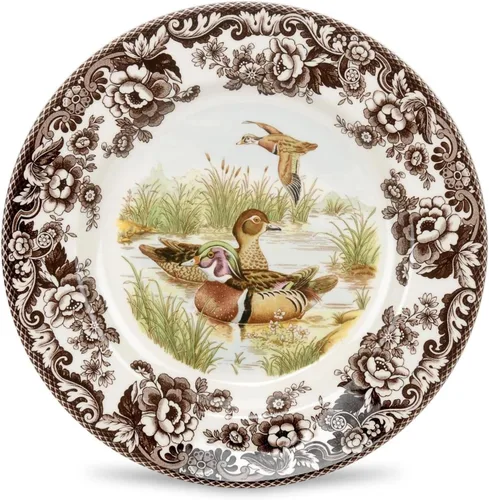Vista 10 de Spode Woodland Bass Plato de Ensalada - 8" Loza Fina, Hecho en Inglaterra, Diseño de Pez de Caza con Borde de Flores Británicas para Ensaladas