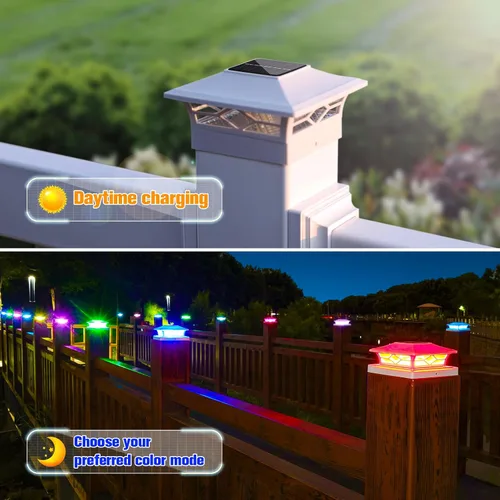 Vista 3 de VOLISUN Luz Solar para Poste Impermeable al Aire Libre: Cambio de Color RGB - Luces Intermitentes de Tapa Solar para Cerca 4 Unidades Blancas