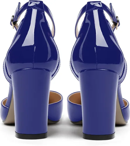 Vista 4 de MODENCOCO Zapatos de tacón alto de charol D'Orsay con correa de tobillo recortada para mujer, 3.5 pulgadas