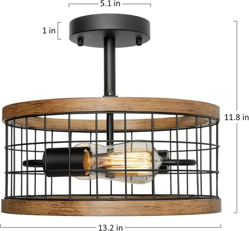 Vista 6 de 2-Luz Lámpara de Techo de Granja con Montura Semi Empotrada, Lámpara de Techo de Madera Rústica para Pasillo, Cocina, Entrada, Vestíbulo