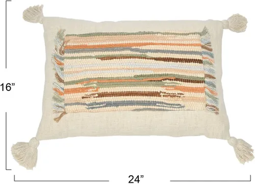 Vista 3 de Creative Co-Op Tejido de algodón con apliques lumbares, almohada con flecos y borlas, 24 pulgadas de largo x 16 pulgadas de ancho x 2 pulgadas