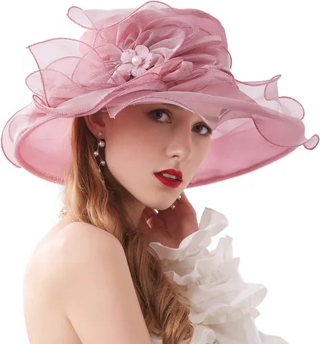 Vista 6 de ORIDOOR Tocado de organza para mujer, para fiesta de té, boda, protección UV, sombrero de ala ancha