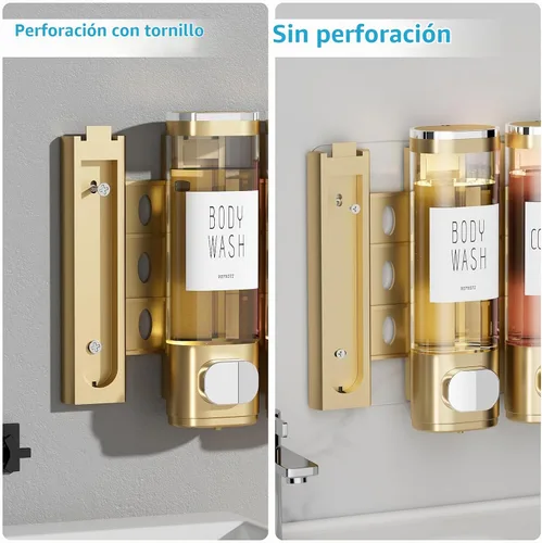 Vista 5 de Dispensador de champú y acondicionador para ducha, montaje en pared, 3 Dorado