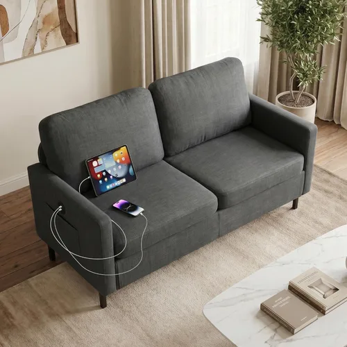 Vista 11 de 56 '' Sofá de dos plazas de cuero negro con USB para sofá de sala de estar