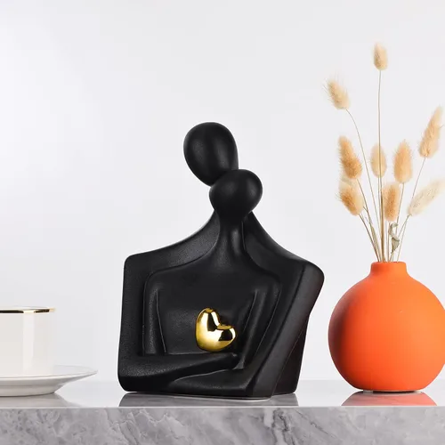 Vista 3 de XMGZQ Estatua de pareja de oro negro, figura abstracta de cerámica para amante, artículos de decoración del hogar, regalo romántico para ella