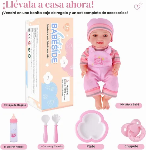 Vista 7 de BABESIDE Muñecas de bebé, muñeca realista de cuerpo completo de vinilo de para niños a partir de 3 años, detalles de la vida real, biberón mágico