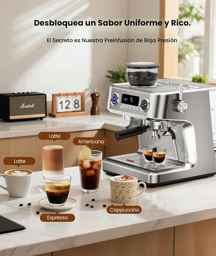 Vista 6 de Máquina de café espresso COWSAR de doble caldera con molinillo, máquinas de espresso de 20 bares con espumador de leche, cafetera de espresso