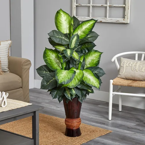 Vista 2 de Nearly Natural Dieffenbachia dorada con maceta de bambú