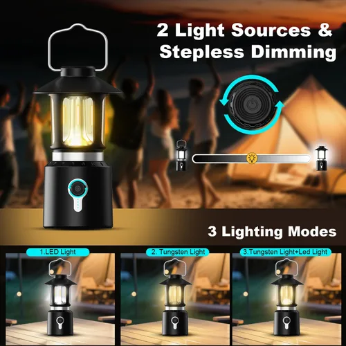 Vista 2 de Linterna LED telescópica para campamento, 8000 mAh, funciona con pilas, luces de campamento vintage, 3 modos de luz, luces de tienda de campaña