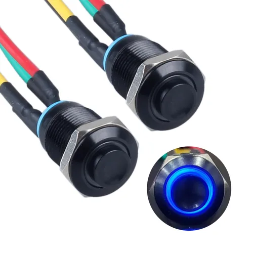 Vista 8 de 2 interruptores de botón con pestillo de 0.472 in con cable pre-soldado de 5.9 in 1NO 12V-24V ON-Off para orificio de montaje de 1/2 pulgada, anillo