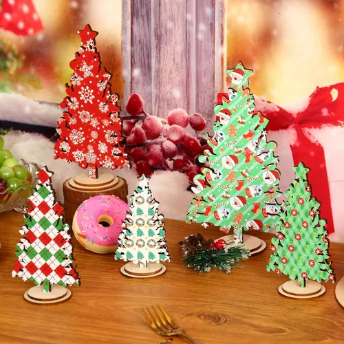 Vista 6 de 5 piezas de decoración rústica de madera para árbol de Navidad, centro de mesa independiente para mantel del hogar o bandeja escalonada