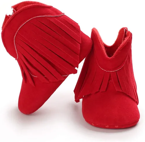 Vista 5 de Timatego Botas vaqueras con borlas para bebé, con cremallera lateral, antideslizantes, para bebés, bebés, para primer caminante, cálidos