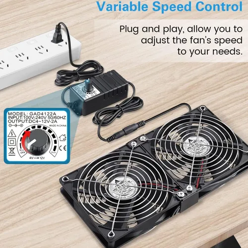 Vista 4 de GDSTIME Ventiladores Duales de Gran Flujo de Aire de 120mm, Ventilador de Computadora 2x120mm 240mm con Enchufe de CA, 110V 120V 220V 240V CA
