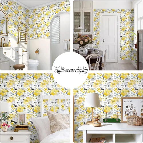 Vista 6 de Toduso Papel Tapiz Floral Despegar y Pegar Papel Tapiz Amarillo/Gris/Blanco Acuarela Papel de Contacto Autoadhesivo Removible Papel Tapiz Forros
