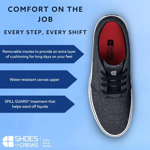 Vista 5 de Shoes for Crews Merlin - Tenis unisex antideslizantes para trabajo y servicio de alimentos, resistentes al agua, lona, negro o gris