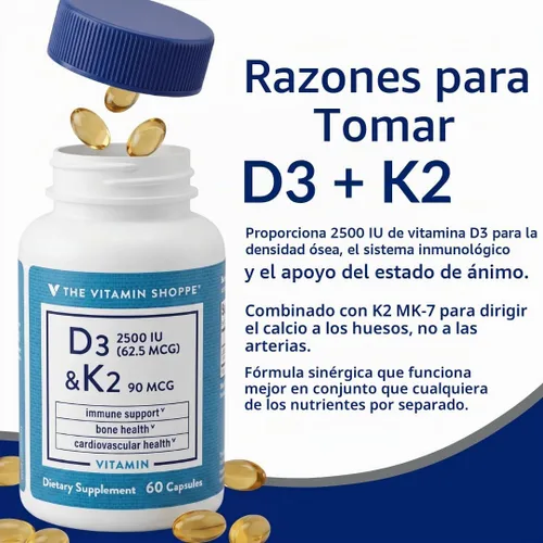 Vista 4 de The Vitamin Shoppe Brand Vitamina D3 2500 UI y K2 90 MCG, 60 cápsulas