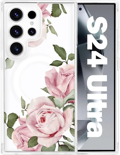 Vista 56 de Funda magnética para Samsung Galaxy S22 Ultra Flower, compatible con MagSafe, patrón floral transparente a prueba de golpes, parte trasera