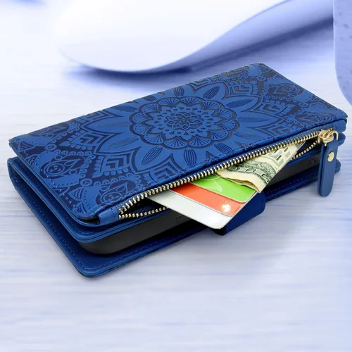 Vista 5 de Harryshell Cartera magnética desmontable con cremallera de piel, bolsillo para efectivo con 12 ranuras para tarjetas, correa de muñeca para Samsung
