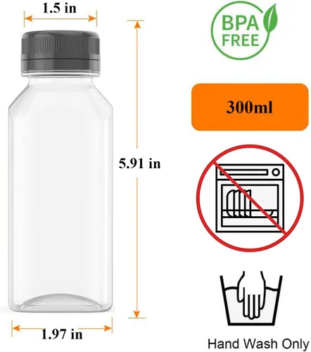 Vista 2 de Botellas de jugo de plástico de 10 onzas, recipientes reutilizables para bebidas a granel, para jugo, leche y otras bebidas, 4 unidades.
