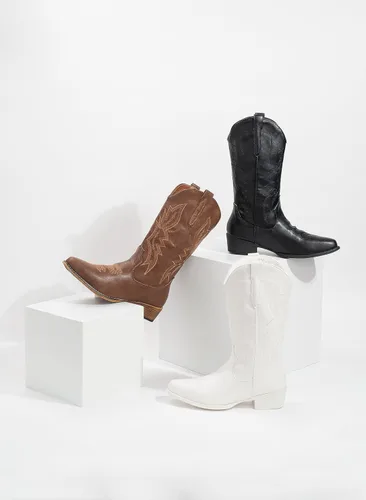 Vista 6 de IUV Botas vaqueras para mujer, botas vaqueras, botas vaqueras con punta puntiaguda, botas de media pantorrilla