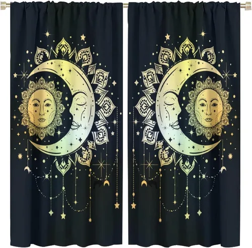 Vista 11 de Cortinas Florales de Luna Flores Silvestres Fase Jardín Iluminado por la Luna Estética Boho Primavera Naturaleza Juego de Tratamiento de Ventana