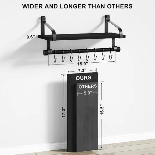 Vista 3 de Love-KANKEI Estantería flotante de pared de madera rústica para almacenamiento, estante de especias de cocina con barra para toallas y 8 ganchos