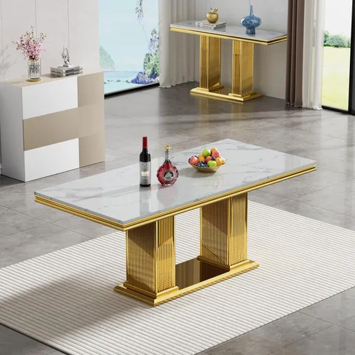 Vista 7 de Mesa de comedor de mármol blanco de 70 pulgadas para 4 a 6, moderna mesa de cocina rectangular de mármol sintético con base de doble columna