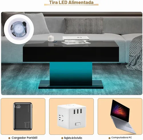 Vista 5 de HedoAjim - Mesa de café LED para sala de estar, mesa rectangular central de sala de estar, mesas de café modernas de madera con alto brillo y luces