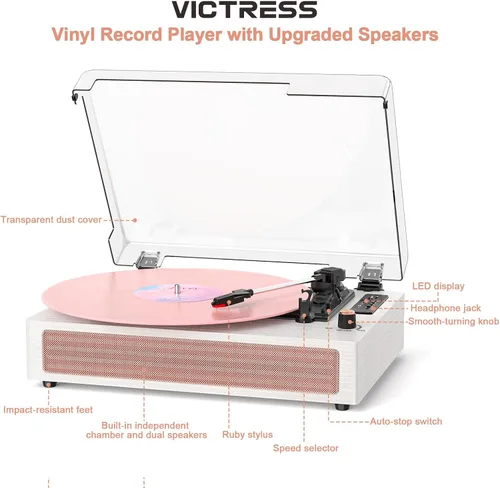 Vista 9 de Tocadiscos de vinilo con altavoces, tocadiscos Bluetooth vintage rosa con modos de sonido EQ y pantalla LED, tocadiscos de 3 velocidades para discos