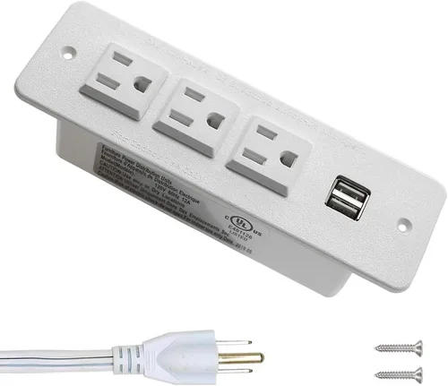 Vista 6 de Zapatilla para empotrar, con 3 salidas de corriente alterna, 2 centros USB, para conferencias, de 2.1 amperes, con cable de 9.8 pies, con enchufe