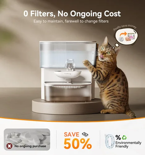 Vista 3 de Fuente de agua inalámbrica para gatos sin filtros, Separación de aguas residuales, Cuenco de acero inoxidable FEELNEEDY, Fuente de agua