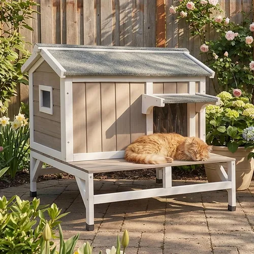Vista 8 de PetsCosset Casa para gatos al aire libre, refugio de madera para gatos con interior de tela rascadora incorporada, diseño de 2 pisos resistente a