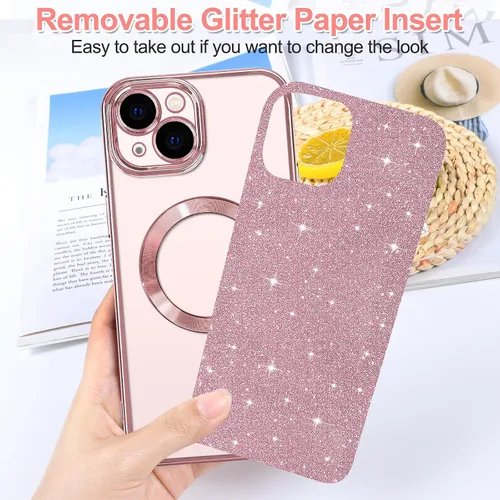 Vista 2 de Hython Funda para iPhone 15 Plus con purpurina, fundas magnéticas transparentes para teléfono con protector de lente de cámara