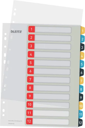 Vista 7 de Leitz Índice para A4, hoja de cubierta para PC y 12 divisores, pestañas con impresión numérica 1-12, extra anchas, blanco/negro, polipropileno, WOW