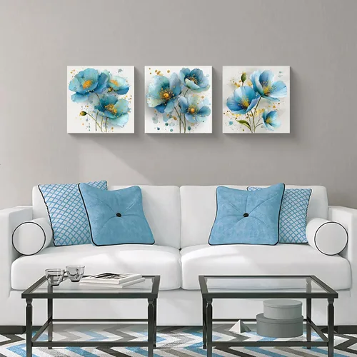 Vista 6 de NAN Wind 3 piezas de arte de pared de flores azules, impresión botánica moderna, ilustración floral floreciente, salpicaduras de acuarela y elegante