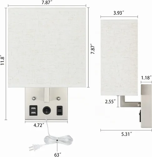 Vista 3 de BTY Juego de 2 apliques de pared modernos, lámparas de pared para dormitorio, enchufe con puertos de carga USB, apliques de enchufe de CA