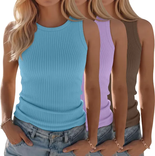 Vista 25 de Paquete de 3 camisetas sin mangas de algodón para mujer, de punto acanalado, casuales, básicas, de cuello redondo, ajustadas, de verano, con espalda