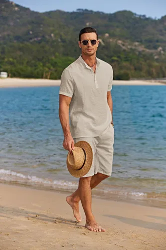 Vista 7 de COOFANDY - Conjunto de 2 piezas de lino para hombre, camisas Henley casuales de manga corta, pantalones cortos de playa, yoga, pantalones de verano