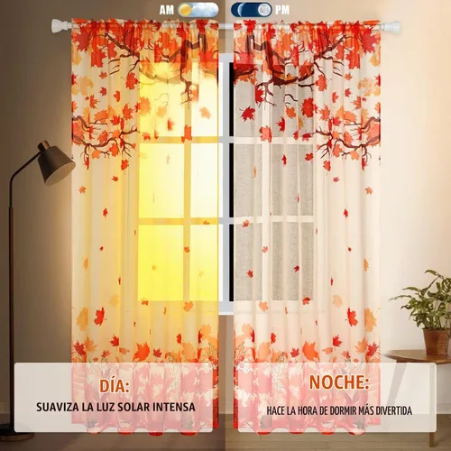 Vista 7 de FRAMICS - Cortinas traslúcidas de otoño para sala de estar, cortina de hojas de arce que caen, 2 paneles, cortinas de gasa semitransparentes
