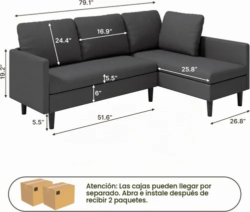 Vista 2 de Gizoon Sofá modular modular en forma de L, sofá cama moderno de 4 asientos con módulos desmontables, tela de tela de rizo, 6 patas para sala de Gris