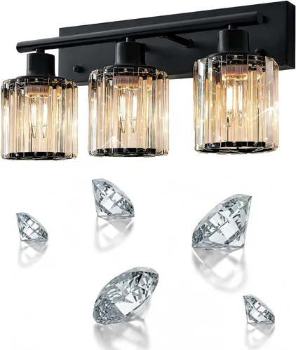 Vista 5 de Luz de tocador, 3 luces de cristal negro moderno para baño con 3 bombillas E26, luces de tocador para baño, dormitorio, sala de estar, pasillo