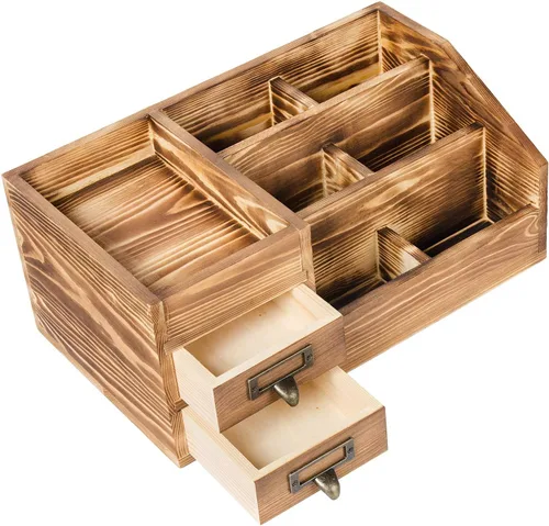 Vista 3 de Liry Products Organizador de escritorio de madera rústica, suministros de oficina, gabinete de almacenamiento de mesa marrón, estante escalonado